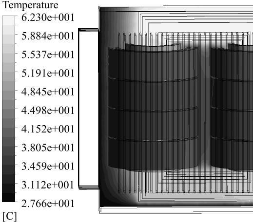 Fig. 19 Temperature distribution external view in amorphous core transformer in no-load conditions شکل 19 نمای خارجی از توزیع دما در ترانسفورماتور هسته آمورف در حالت بیباری