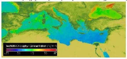 ΕΥΤΡΟΦΙΣΜΟΣ ΣΤΗ ΜΕΣΟΓΕΙΟ ΚΑΙ ΤΗΝ ΕΛΛΑΔΑ Κατανομή χλωροφύλλης (δείκτης βιομάζας φυτοπαλγκτού) στη Μεσόγειο, όπως εκτιμήθηκε από δορυφορικές φωτογραφίες SeaWifs της περιόδου 1998-2000 (UNEP(DEC/MED WG