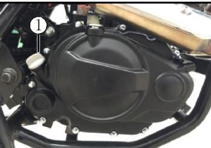 Aλλαγή λαδιού κινητήρα 1. Τοποθετήστε τη μοτοσικλέτα όρθια σε επίπεδο έδαφος. 2. Αφαιρέστε το δείκτη λαδιού (1). 3. Αφαιρέστε τη βίδα αποστράγγισης λαδιού (2). 4.
