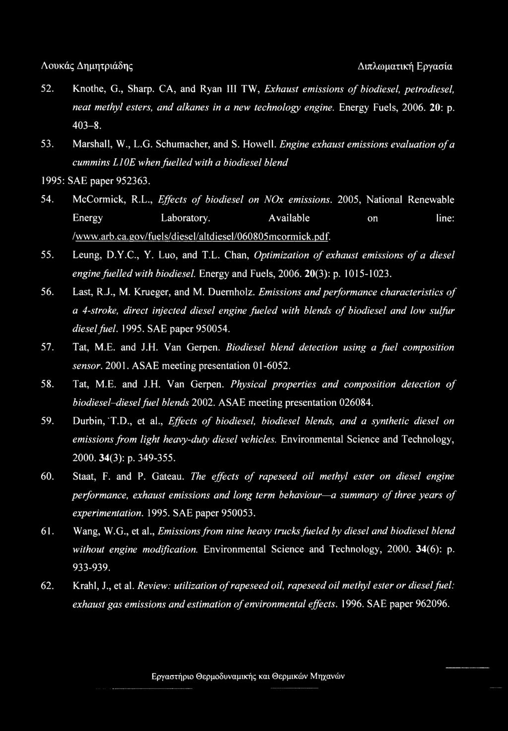 2005, National Renewable Energy Laboratory. Available on line: /www.arb.ca.gov/fuels/diesel/altdiesel/060805mcormick.pdf. 55. Leung, D.Y.C., Y. Luo, and T.L. Chan, Optimization of exhaust emissions of a diesel engine fuelled with biodiesel.