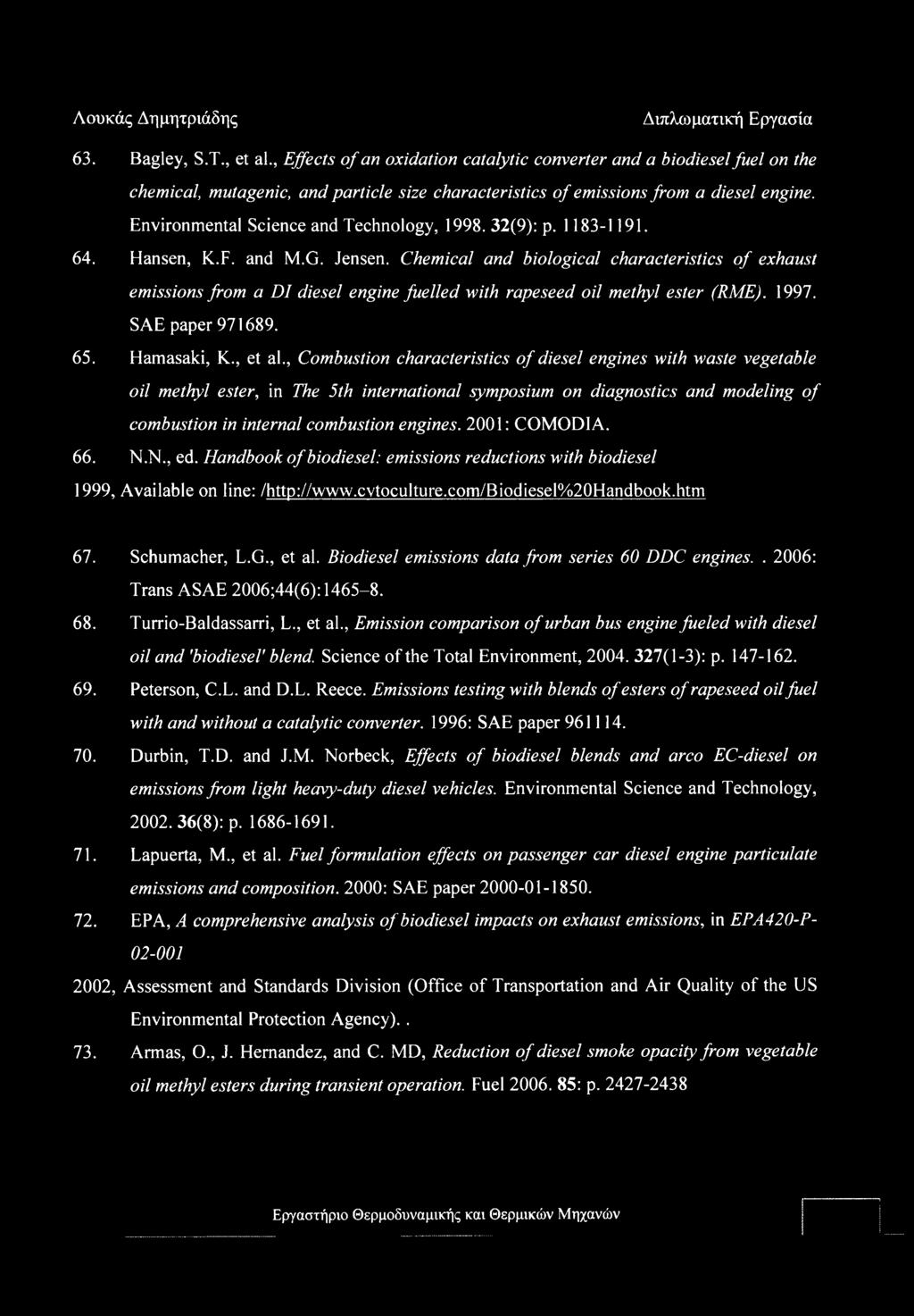 Chemical and biological characteristics of exhaust emissions from a DI diesel engine fuelled with rape seed oil methyl ester (RME). 1997. SAE paper 971689. 65. Hamasaki, K., et al.