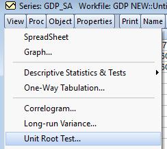 ТАВДУГААР БҮЛЭГ. Хугацааны цувааны тоо мэдээ, түүний шинж чанар Нэгж шалгуурын аргыг ашиглах тохиолдолд gdp_sa объектыг нээлттэй байхад View > Unit Root Test гэсэн дарааллаар сонголт хийнэ.