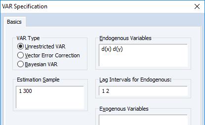 Бид санамсаргүй процессын аргаар хувьсагчдыг VAR загвар ашиглан үүсгэхдээ уг VAR загвартаа ямар нэгэн тогтмол тоон утга аваагүй тул No intercept of trend in CE or test VAR гэсэн хэсгийг сонгоно.