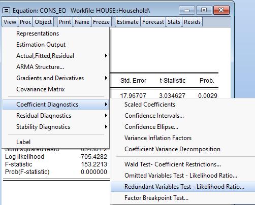 Redundant Variables Test цонхонд загварт хамааралгүй илүүдэл байж болох хувьсагчийн нэрийг оруулж өгнө. Шалгуурыг нэг эсвэл хэд хэдэн хувьсагчийн хувьд зэрэг явуулах боломжтой.