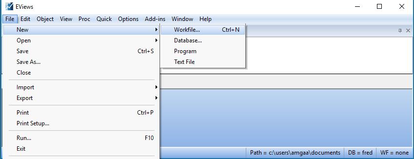 Дэлгэцийн доод хэсэгт харагдаж буй Файл хадгалах зам нь EViews ажлын файл хадгалагдах, дуудаж ачаалах хавтасны байршлыг харуулж байна. Ажлын талбар дээр ажлын файл болон файлын объектууд байрлана. 1.
