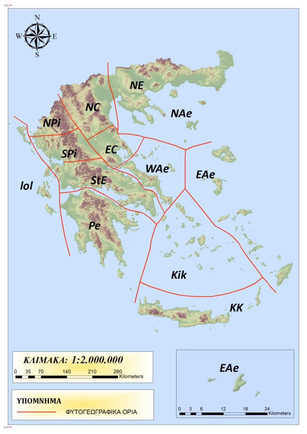 Σχήμα 7: Οριοθέτηση των φυτογεωγραφικών περιοχών της Ελλάδας (αγγλικά αρκτικόλεξα