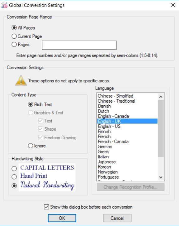 5. Acum selectați Conversion settings (Setările de convertire): Conversion Page Range (Paginile de convertit) Selectați dacă doriți să convertiți All pages (Toate paginile), Current Page (Pagina