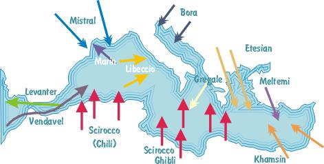 1.3 Ανεμολογικές συνθήκες Η Μεσόγειος θάλασσα περιβάλλεται από οροσειρές, οι οποίες αλληλεπιδρώντας με ανέμους συνοπτικής κλίμακας διαμορφώνουν το ανεμολογικό πεδίο της ευρύτερης περιοχής.