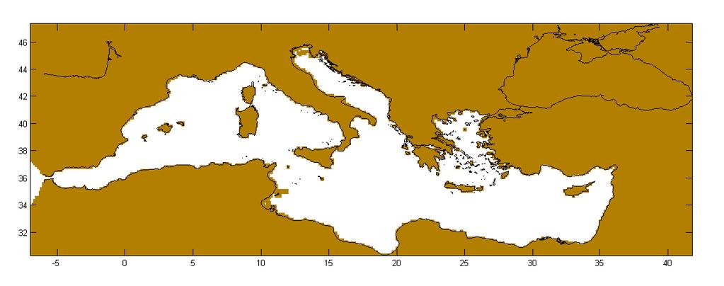 2.2 Εφαρμογή του μοντέλου POM στην περιοχή της Μεσογείου θάλασσας Η περιοχή ολοκλήρωσης του μοντέλου οριοθετείται από τα γεωγραφικά πλάτη 30.25 ο N έως 45.