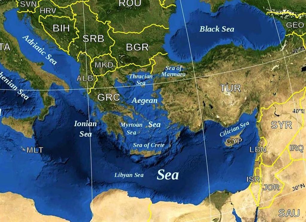 Η ανατολική λεκάνη της Μεσογείου θάλασσας (EMED) αποτελείται από τέσσερεις μικρότερες λεκάνες: το Ιόνιο πέλαγος, της Λεβαντίνη, την Αδριατική θάλασσα και το Αιγαίο πέλαγος.