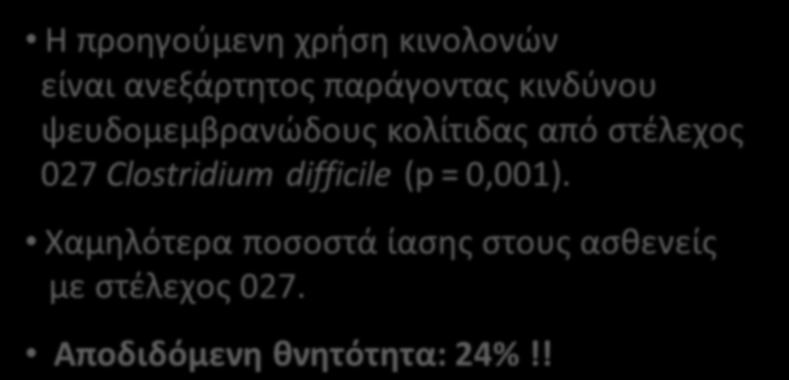 Clostridium difficile and FQ Η προηγούμενη χρήση κινολονών είναι ανεξάρτητος παράγοντας κινδύνου ψευδομεμβρανώδους κολίτιδας από στέλεχος 027 Clostridium difficile (p = 0,001).