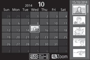 Απεικόνιση Ημερολογίου Για να προβάλετε εικόνες που λήφθηκαν σε μία επιλεγμένη ημερομηνία (απεικόνιση ημερολογίου), πατήστε το κουμπί W (Q) όταν εμφανίζονται 80 εικόνες.
