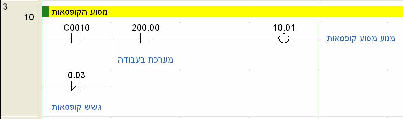 רשת 3 הסבר: כאשר המערכת בעבודה 200.00, ומונה התפוחים מספר 10 מסיים את הספירה ונדלק מנוע הקופסאות (יציאה 10.