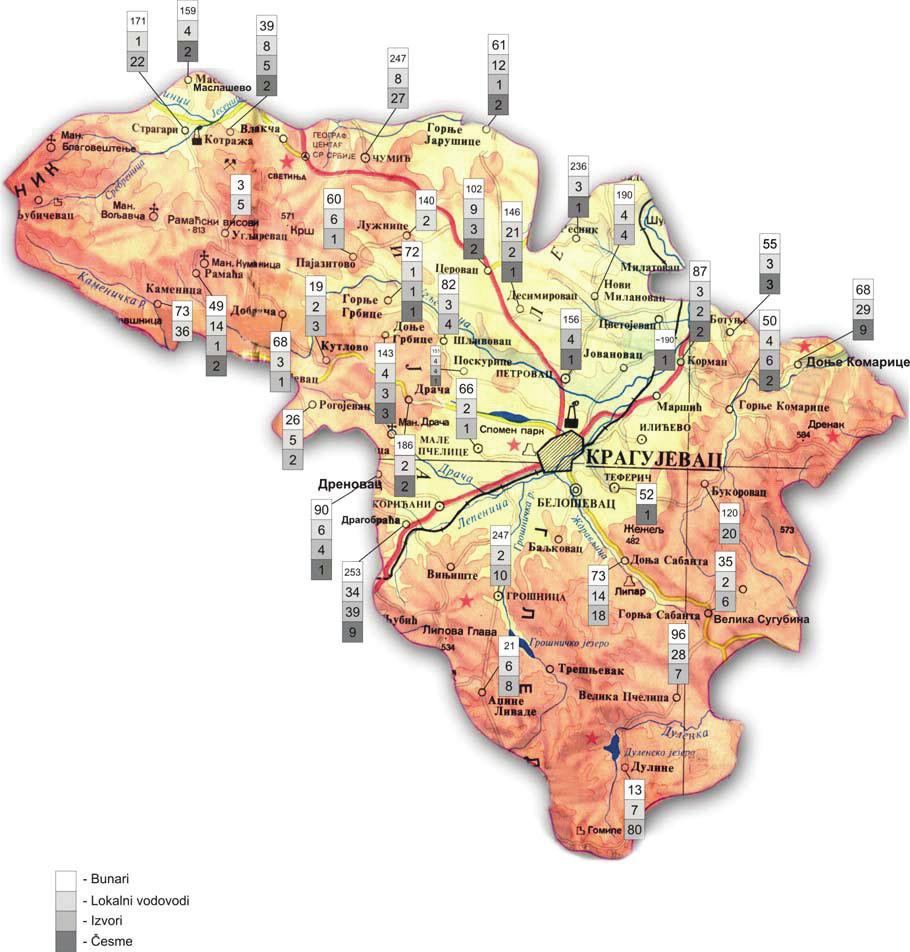 Слика бр. 20. Бројност и просторни распоред алтернативних изворишта за водоснабдевање Крагујевца Извори загађења алтернативних изворишта за водоснабдевање Крагујевца.