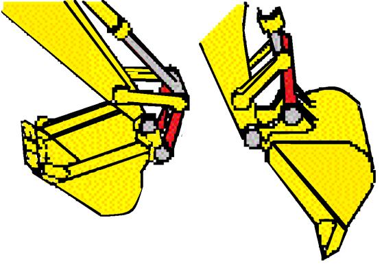 κρουστικό σφυρί, η χρήση αρπάγης και ο χειρισμός άλλων εξαρτημάτων. Σχ.8.5 Σύνδεσμος κάδου CAT (αριστερά), σημείο συνδέσμου (κόκκινο) (δεξιά). Στο Σχ.8.6 παρουσιάζεται η περιοχή λειτουργίας ενός εκσκαφέα CAT.