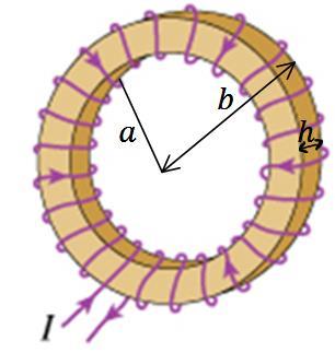 68 18-102 השראות בטורואיד בתמונה נתון טורואיד. הרדיוס הפנימי של הטורואיד הוא a והחיצוני. b גובה )או עובי( הטורואיד הוא h ומספר הליפופים N. א. מצא את ההשראות של הטורואיד ב.