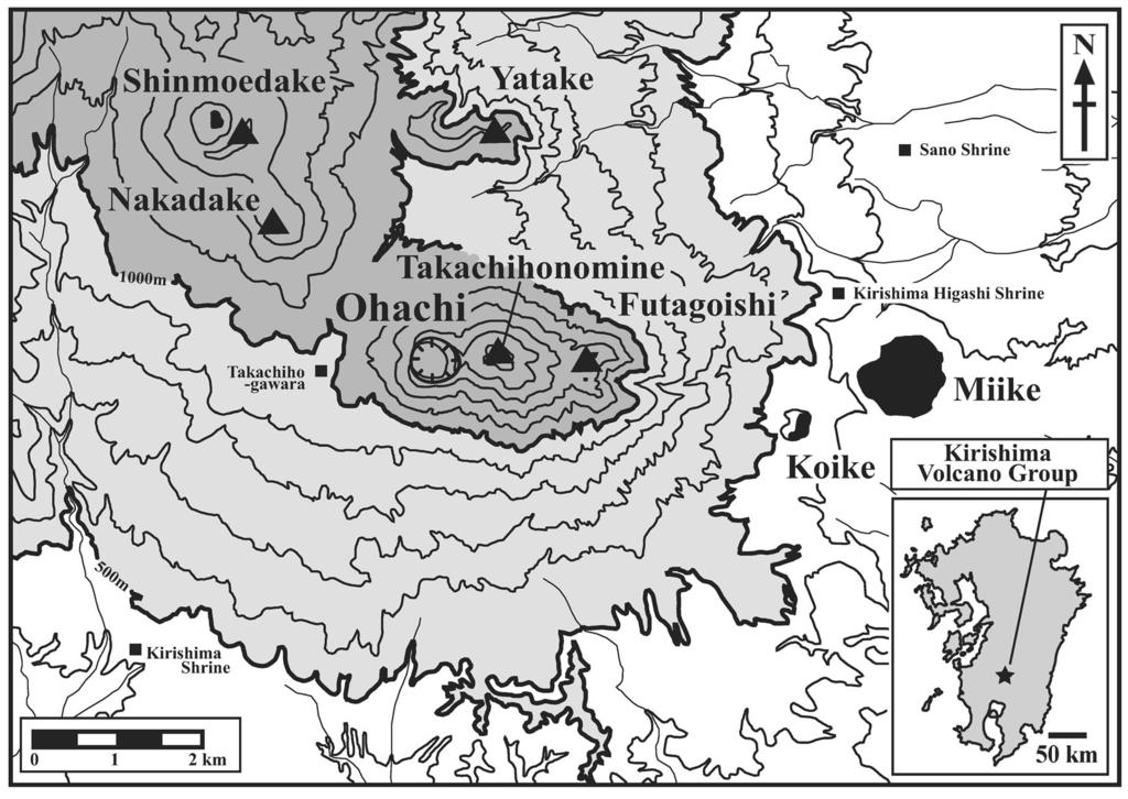 2 Fig. +. Map showing the location and topography of the southern part of Kirishima volcano group. Contour interval is +** meters. +,/1. m (Fig. +) 0.