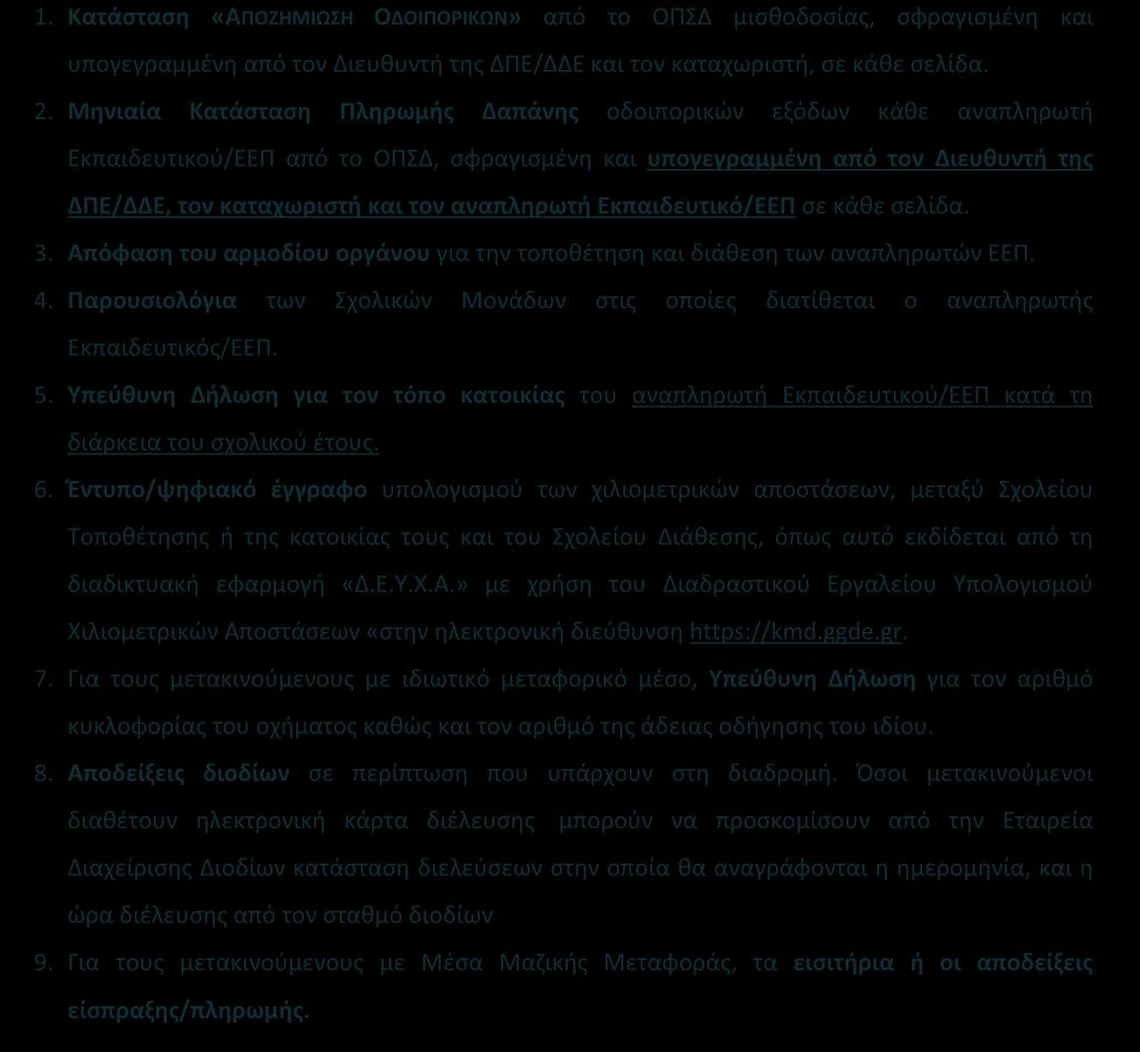 Προκειμένου να πραγματοποιηθεί η εκκαθάριση των οδοιπορικών των αναπληρωτών Εκπαιδευτικών και ΕΕΠ, που διατίθενται σε άλλη Σχολική Μονάδα για συμπλήρωση ωραρίου, θα πρέπει να τηρούνται στο Αρχείο της