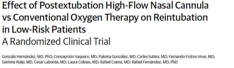 ΝHFO vs COT μετά την αποσωλήνωση σε ασθενείς ΜΕΘ με χαμηλό κίνδυνο επαναδιασωλήνωσης JAMA 2016 Apr 5;315(13):1354-1361 Conclusion: Among extubated patients at