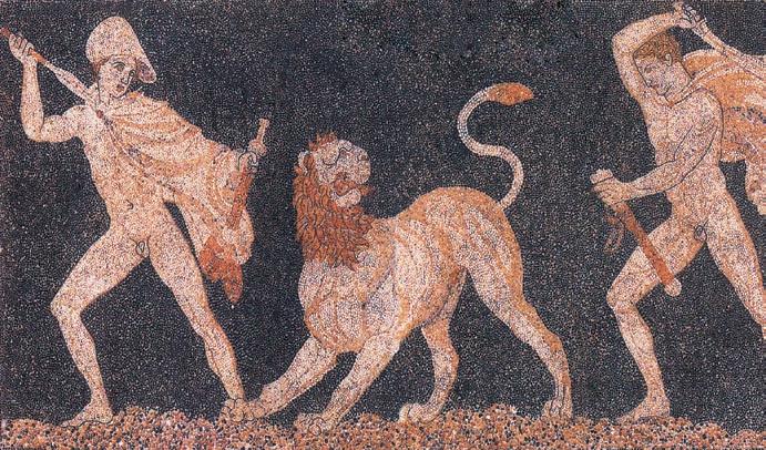 Η ΜΑΧΗ ΤΗΣ ΧΑΙΡΩΝΕΙΑΣ Ψηφιδωτό δάπεδο με παράσταση κυνηγιού λιονταριού 325-300 π.χ. από την Πέλλα.Οι δύο νέοι ταυτίζονται συχνά με τον Αλέξανδρο και τον Κρατερό.