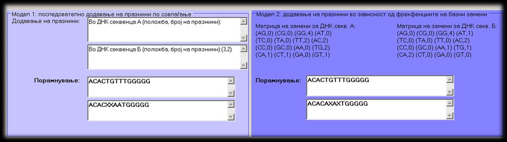 Структурата на порамнувањето добиено со примена на моделот за последователно додавање на празнини по совпаѓање и структурата на порамнувањето добиено со примена на моделот за додавање на празнини