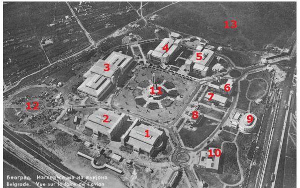 1 5 Југословенски павиљони 6 Италијански павиљон 7 Чехословачки павиљон 8 Румунски павиљон 9 Спасићев павиљон 10 Мађарски павиљон 11 Централна кула 12 Место на коме је касније изграђен Шкодин торањ
