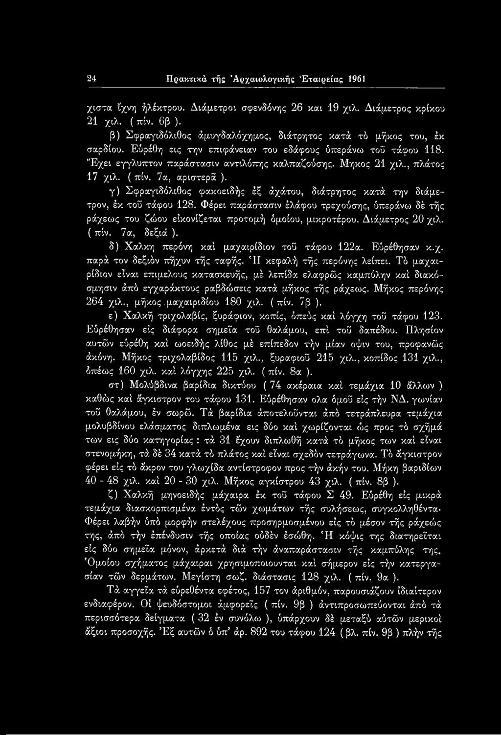 , πλάτος 17 χιλ. ( πίν. 7α, αριστερά ). γ) Σφραγιδόλιθος φακοειδής έξ άχάτου, διάτρητος κατά την διάμετρον, έκ τοϋ τάφου 128.
