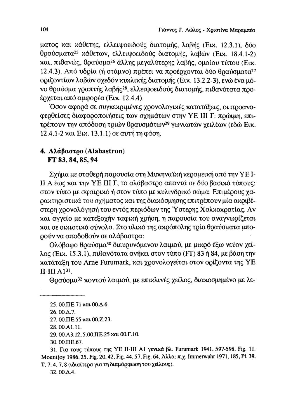 104 Γιάννος Γ. Αώλος - Χριστίνα Μαραμπέα ματος και κάθετης, ελλειψοειδούς διατομής, λαβής (Εικ. 12.3.1), δύο θραύσματα25 κάθετων, ελλειψοειδούς διατομής, λαβών (Εικ. 18.4.1-2) και, πιθανώς, θραύσμα26 άλλης μεγαλύτερης λαβής, ομοίου τύπου (Εικ.