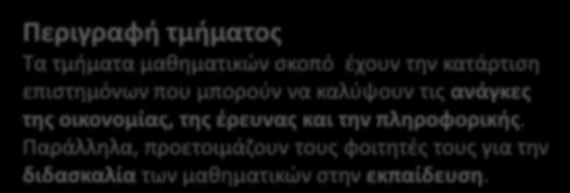 ημαντικές ληροφορίες Τα μαθηματικά αποτελούν την βάση πολλών επιστημών, έτσι δίνουν την δυνατότητα στους αποφοίτους μέσω μεταπτυχιακών σπουδών να αναζητήσουν σε άλλες περιοχές με αποτέλεσμα να