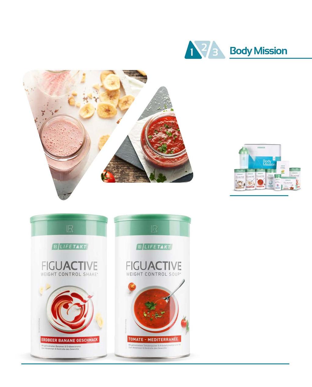 LR LIFETAKT ΛΥΣΕΙΣ 39 ΒΑΣΙΚΗ ΛΥΣΗ BODY MISSION ΣΕΤ 28 ΗΜΕΡΩΝ Απολαυστικά Γεύματα 2 x Figu Active Ροφήματα με ελεύθερη επιλογή από τις εξής παραλλαγές: Φράουλα-Μπανάνα, Βανίλια ή Latte-Macchiato 1 x