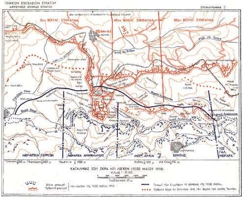 Το πεδίο της μάχης στην περιοχή Σκρα (Σχεδιάγραμμα από: Ο Ελληνικός Στρατός κατά τον πρώτον Παγκόσμιον Πόλεμον 1914-1918, ΓΕΣ /ΔΙΣ έκδοση 1961, τ. 2ος, 17).