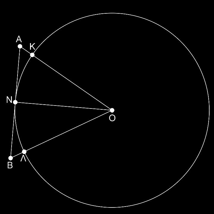Γεωμετρία Κεφάλαι 3: Τρίγωνα ΑΣΚΗΣΗ (2_5633) Έστω κύκλς με κέντρ Ο και ακτίνα ρ σε σημεί Ν τυ κύκλυ φέρυμε την εφαπτμένη τυ, και εκατέρωθεν τυ Ν θεωρύμε σημεία Α και Β, τέτια ώστε ΝΑ = ΝΒ.