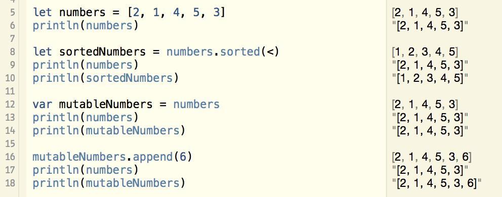Слика 4. Илустрација семантике вредности. Низ numbers је константан и не може се променити. Сортирани низ (sortednumbers) је копија почетног низа.