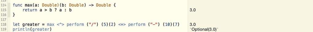 Уграђени?. оператор за уланчавање (Табела 1) је заправо синтаксичка пречица за bind метод: let maybec1 = a?.b()?.c() let maybec2 = a.bind { $0.