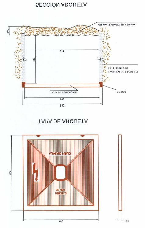 ELEMENTOS A INSTALAR NA REDE ARQUETAS: Estarán realizadas con ladrillo colocado a media asta ou formigón de espesor equivalente ou poderán estar constituídas por material termoplástico cunha