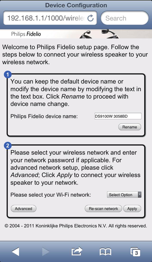 Ανοίξτε την ενσωματωμένη ιστοσελίδα του DS9100W 1 Στη συσκευή σας με δυνατότητα Wi-Fi, ξεκινήστε το πρόγραμμα περιήγησης Apple Safari ή οποιοδήποτε άλλο πρόγραμμα περιήγησης στο