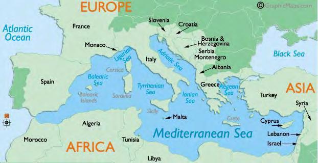 12 περιλαμβάνει περίπου 4,3 εκατομμύρια νερό. Αποτελεί το 1% της θαλάσσιας έκτασης του πλανήτη. Εικόνα 2.1: Χάρτης της Μεσογείου (http 2 ). 2.1.2. Μαύρη θάλασσα Η Μαύρη Θάλασσα είναι μία εσωτερική θάλασσα μεταξύ της νοτιοανατολικής Ευρώπης και της Μικράς Ασίας.
