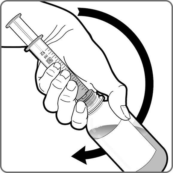 5. Κρατώντας το άκρο της σύριγγας σταθερά μέσα στη φιάλη, γυρίστε τη φιάλη με τη σύριγγα ανάποδα. 6.