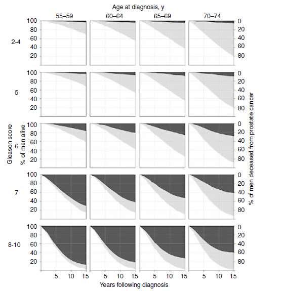 767 άνδρες 55-74 ετών με εντοπισμένο Ca P 1971-1984 (pre PSA era) ΟΡΜΘ σε μετάσταση παράγοντες: ηλικία διάγνωσης βαθμός διαφοροποίησης του όγκου Gleason score 2-4:ελάχιστος κίνδυνος θανάτου από τη