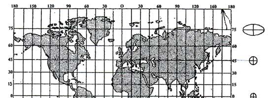 издужене правцем север југ (по меридијанима, делимичан размер је већи од 1), а на ширинама већим од 45