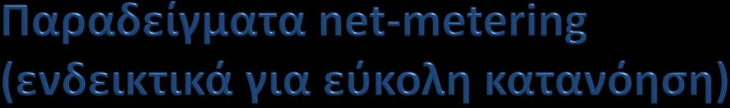 Μήνας με Περίσσεια κατανάλωση Import 600 kwh Export 400 kwh Net = 200 kwh import Τιμολογούνται οι 200 kwh μόνο Χρέωση περιόδου = Πάγια Τέλη + 200 kwh @ λιανική και Φόροι