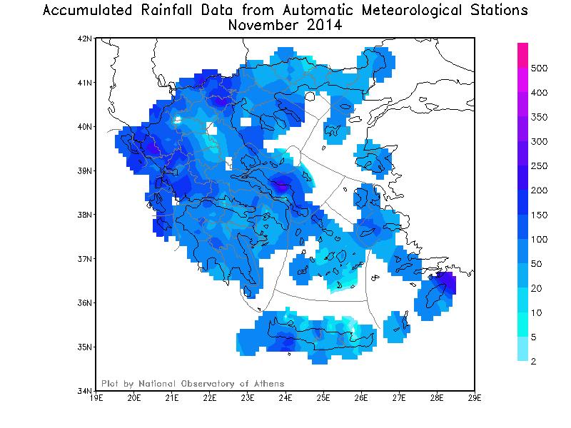 ΕΛΛΑΔΑ: ΧΑΡΤΗΣ ΒΡΟΧΟΠΤΩΣΕΩΝ ΝΟΕΜΒΡΙΟΥ 2014 Οι τιμές βροχής είναι σε χιλιοστά και είναι αθροιστικές για ολόκληρο τον