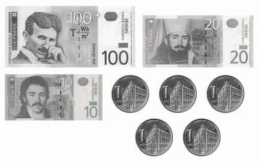 99. Огњен је у новчанику имао новчанице приказане на слици. У књижари је купио оловку за динара, гумицу за 7 динара и књигу за 90 динара. Колико је новца Огњену остало?