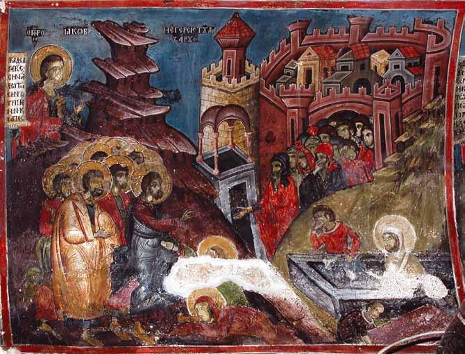 Сл. 6 Лазарево воскресение, јужен ѕид, наос Во левиот горен агол, над претставата на тројцата мудреци е прикажано допојасјето на пророкот Исаиј (O PROFHTH H AI(A )).