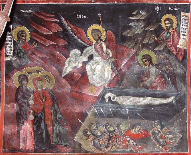 Сл. 9 Мироносици на гробот, северен ѕид, наос 38), коешто е многу оштетено и речиси во целост уништено, а сочуван е само горниот дел, така што е оневозможена негова целосна анализа.