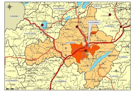 Σχήµα 5: Χωροταξική ένταξη ηµοτικής Ενότητας Κοζάνης στην Περιφερειακή Ενότητα Κοζάνης Πηγή: Μελέτη Αναπτυξιακών Χαρακτηριστικών ΟΤΑ Νοµού Κοζάνης (2009) Η ηµοτική Ενότητα Αιανής βρίσκεται στο