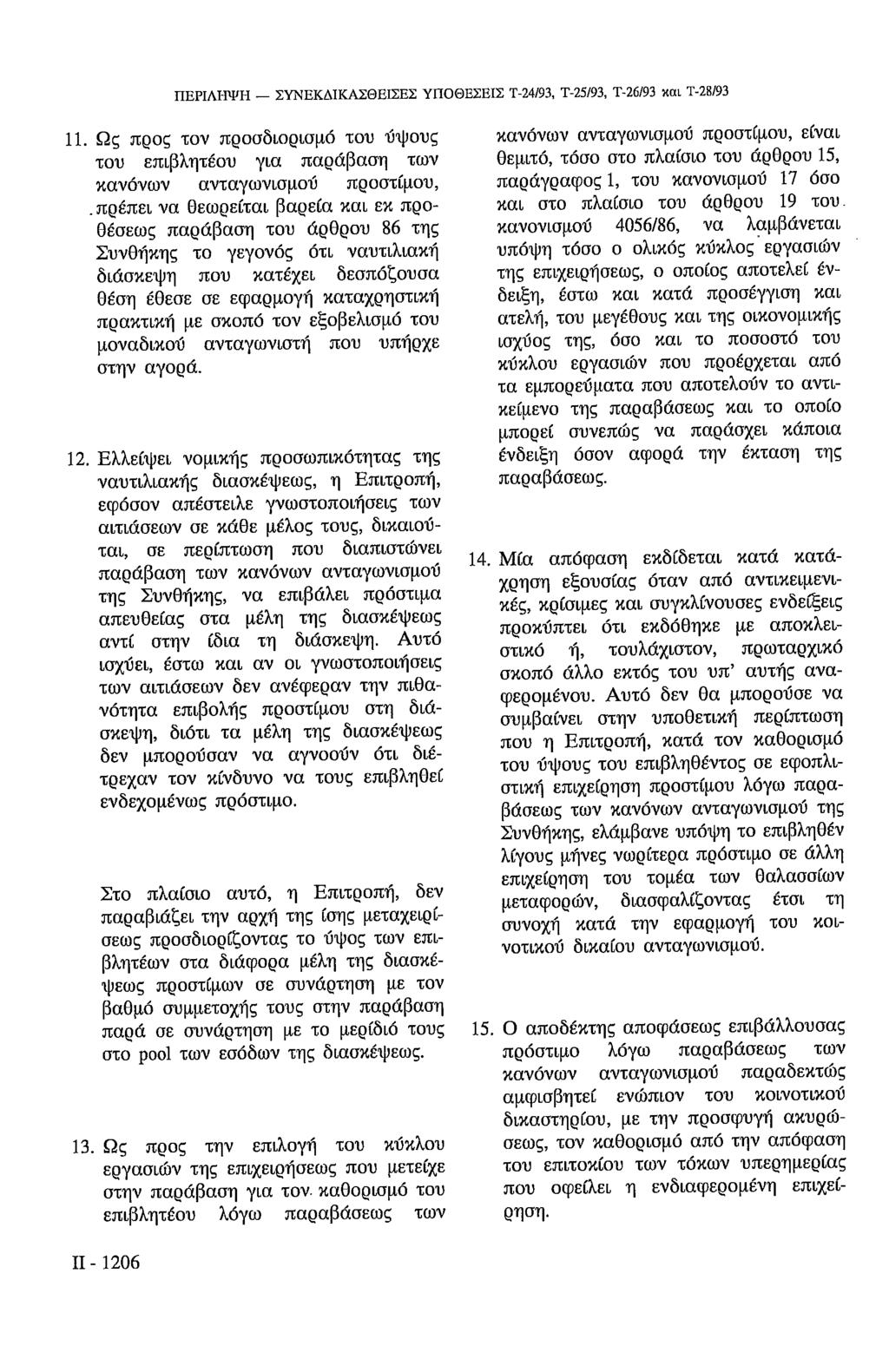 ΠΕΡΙΛΗΨΗ ΣΥΝΕΚΔΙΚΑΣβΕΙΣΕΣ ΥΠΟΘΕΣΕΙΣ Τ-24/93, Τ-25/93, Τ-26/93 και Τ-28/93 11. Ως προς τον προσδιορισμό του ύψους του επιβλητέου για παράβαση των κανόνων ανταγωνισμού προστίμου,.