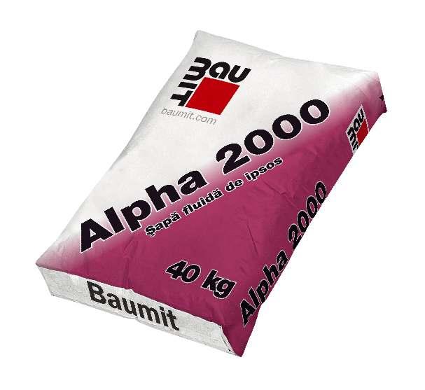 Baumit Alpha 2000 Şapă fluidă de interior C20-F5 Produs Compoziţie Proprietăţi Utilizare Date tehnice Mortar uscat predozat pentru şapă pe bază de sulfat de calciu, pentru aplicare manuală şi