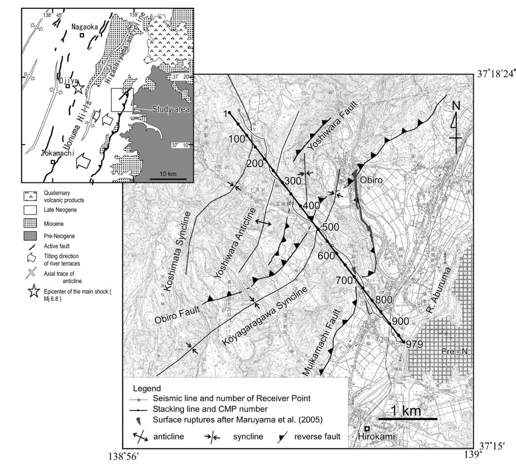 ¹K º» Fig. +. Geological map showing the seismic line Hirokami,**.. Major geologic structure is after Yanagisawa et al. (+320).