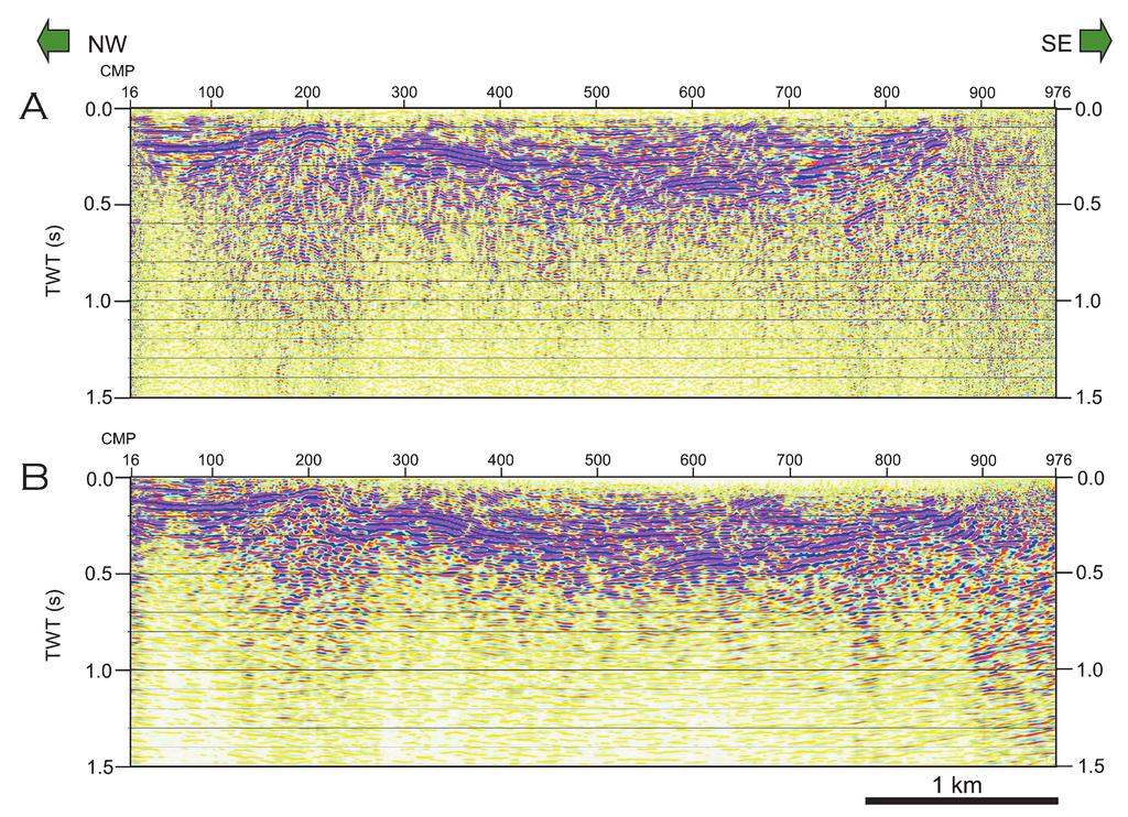 Filtered stacked section (A) and post stacked, migrated time section (B). >?@?